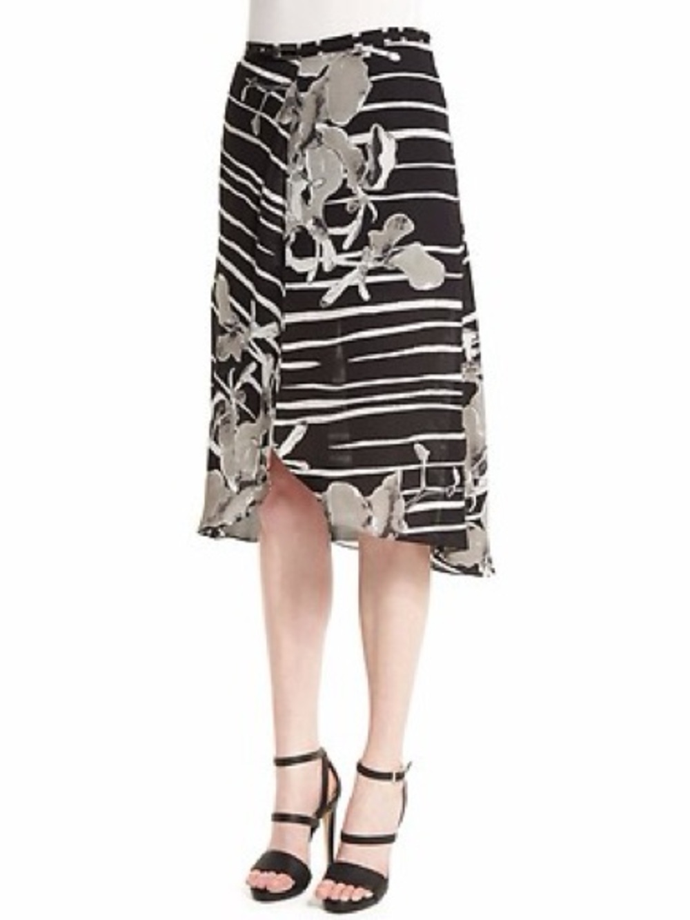 NWT HALSTON HERITAGE FLORAL-PRINT WRAP SILK SKIRT IN BLACK/ORCHARD